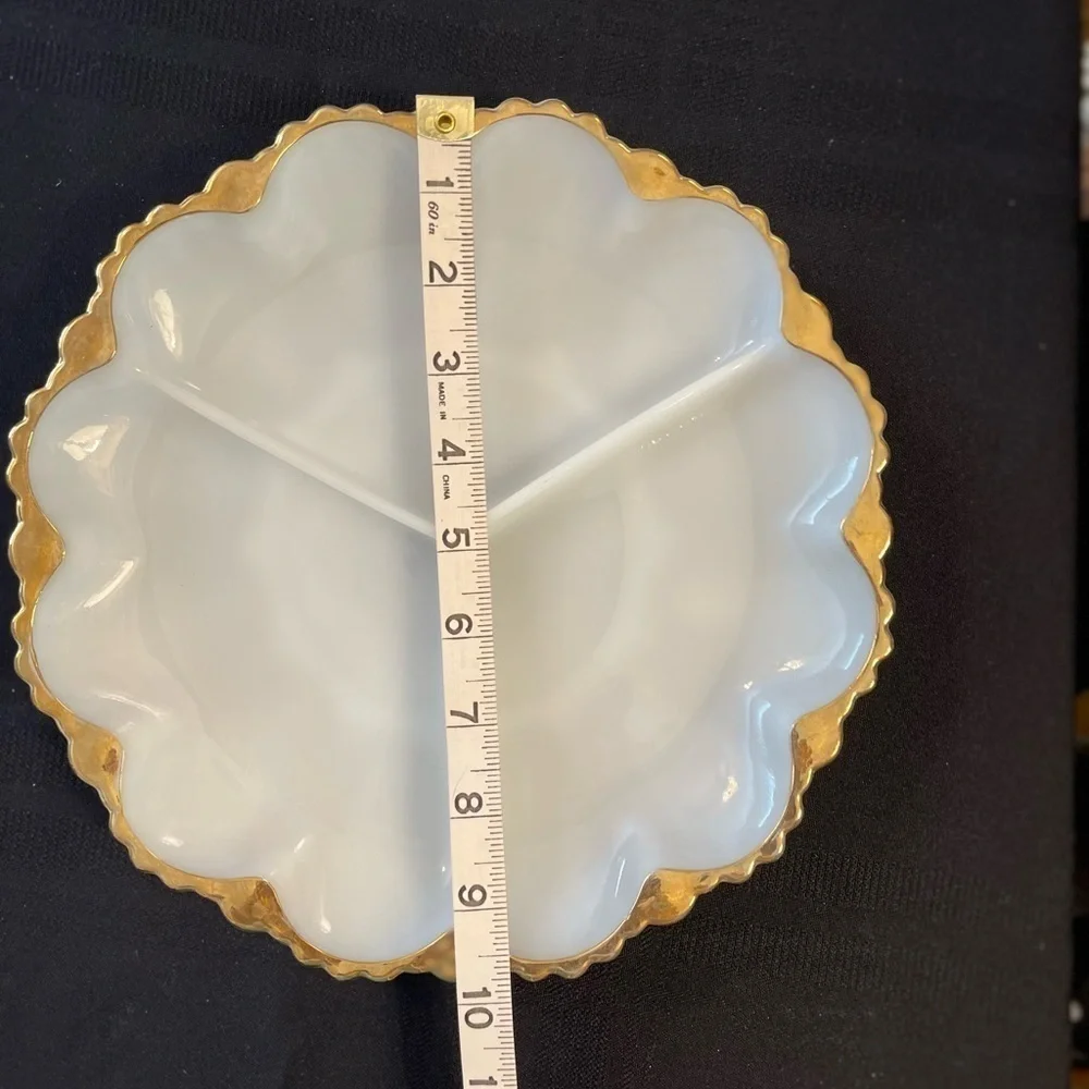 Anchor Hocking gold trim milk glass three section divide relish serving tray.​